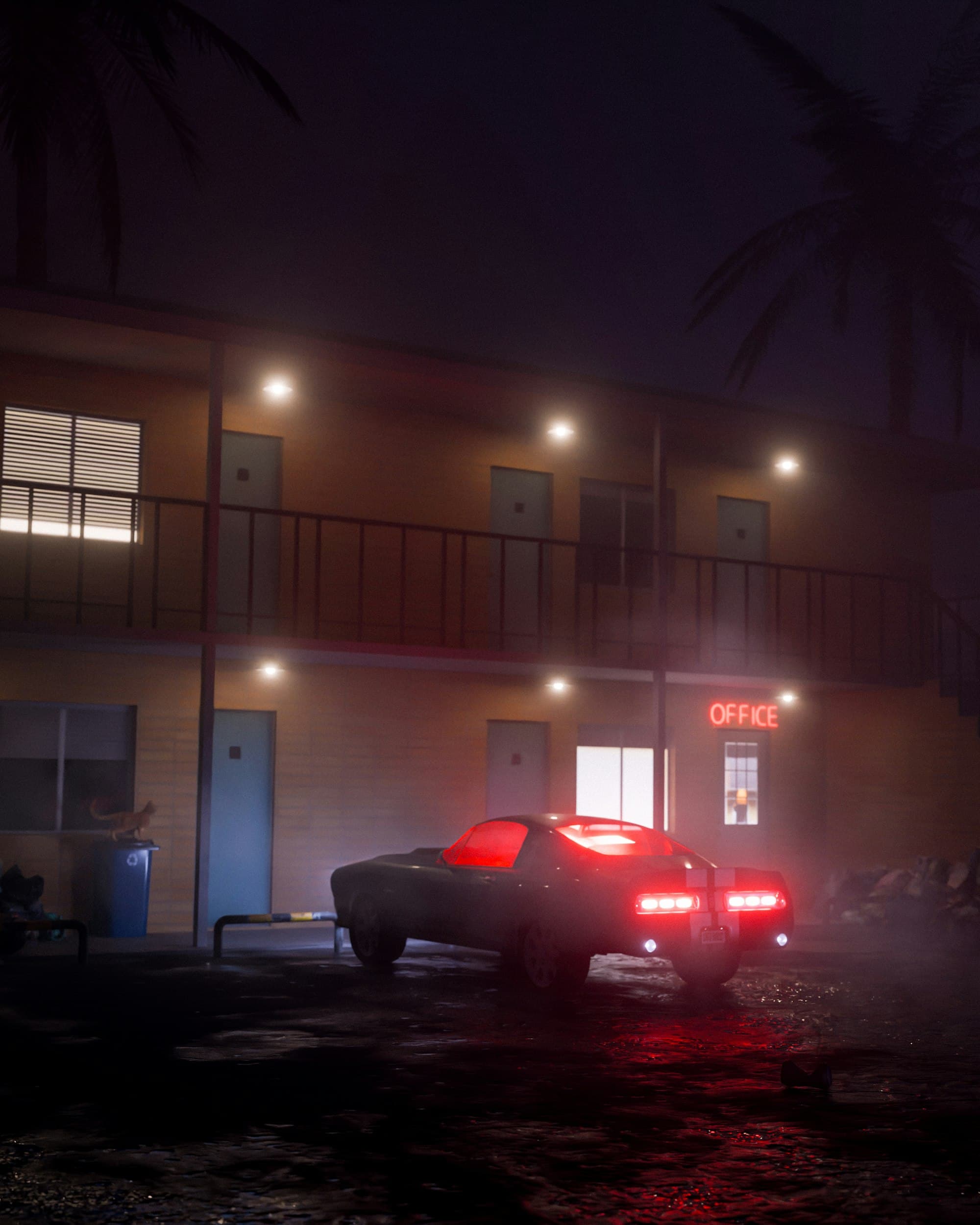 Voiture garée devant un motel la nuit, enseigne Office allumée dans la brume