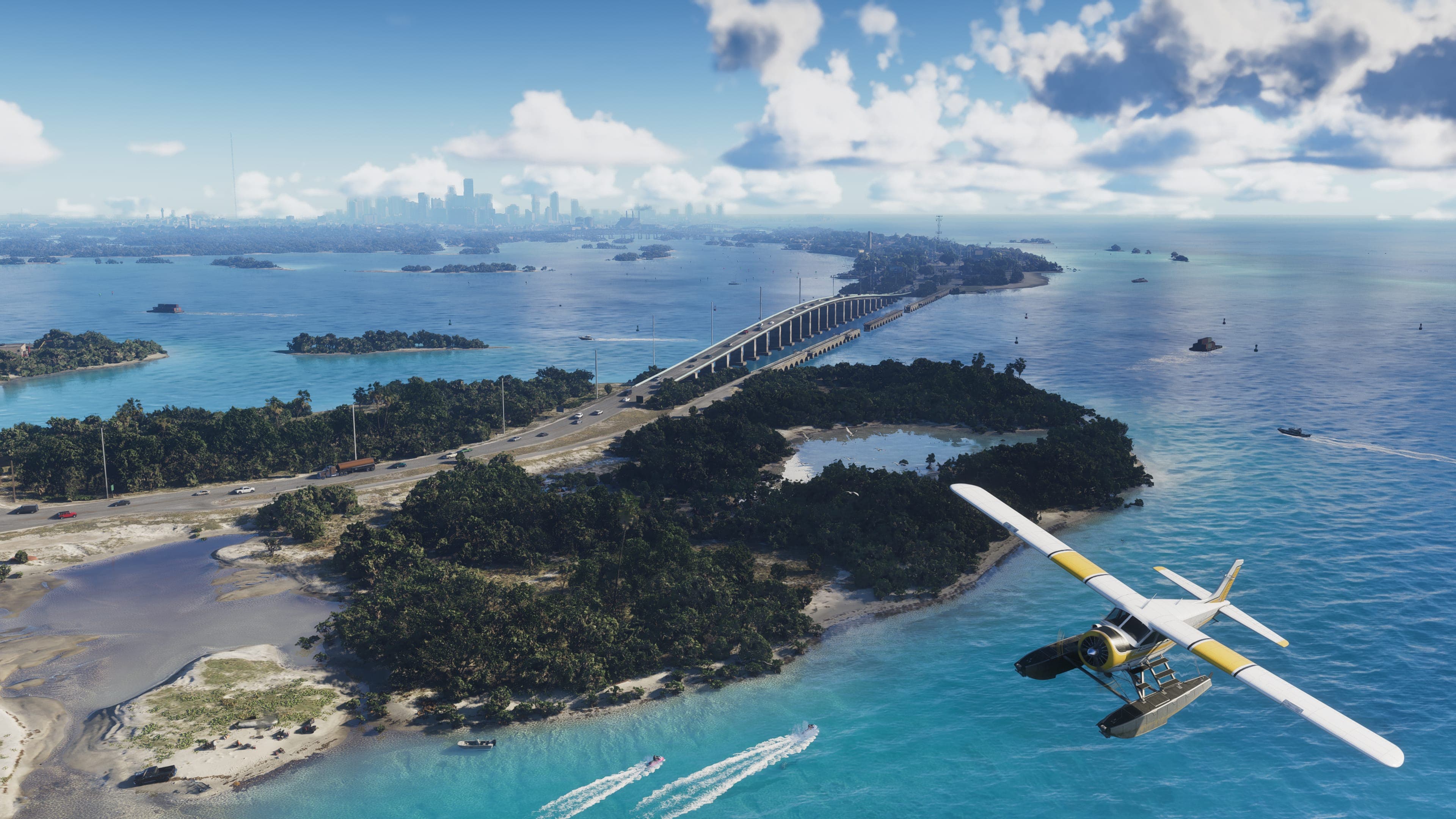 Hydravion survolant les Keys, la skyline de Vice City au loin