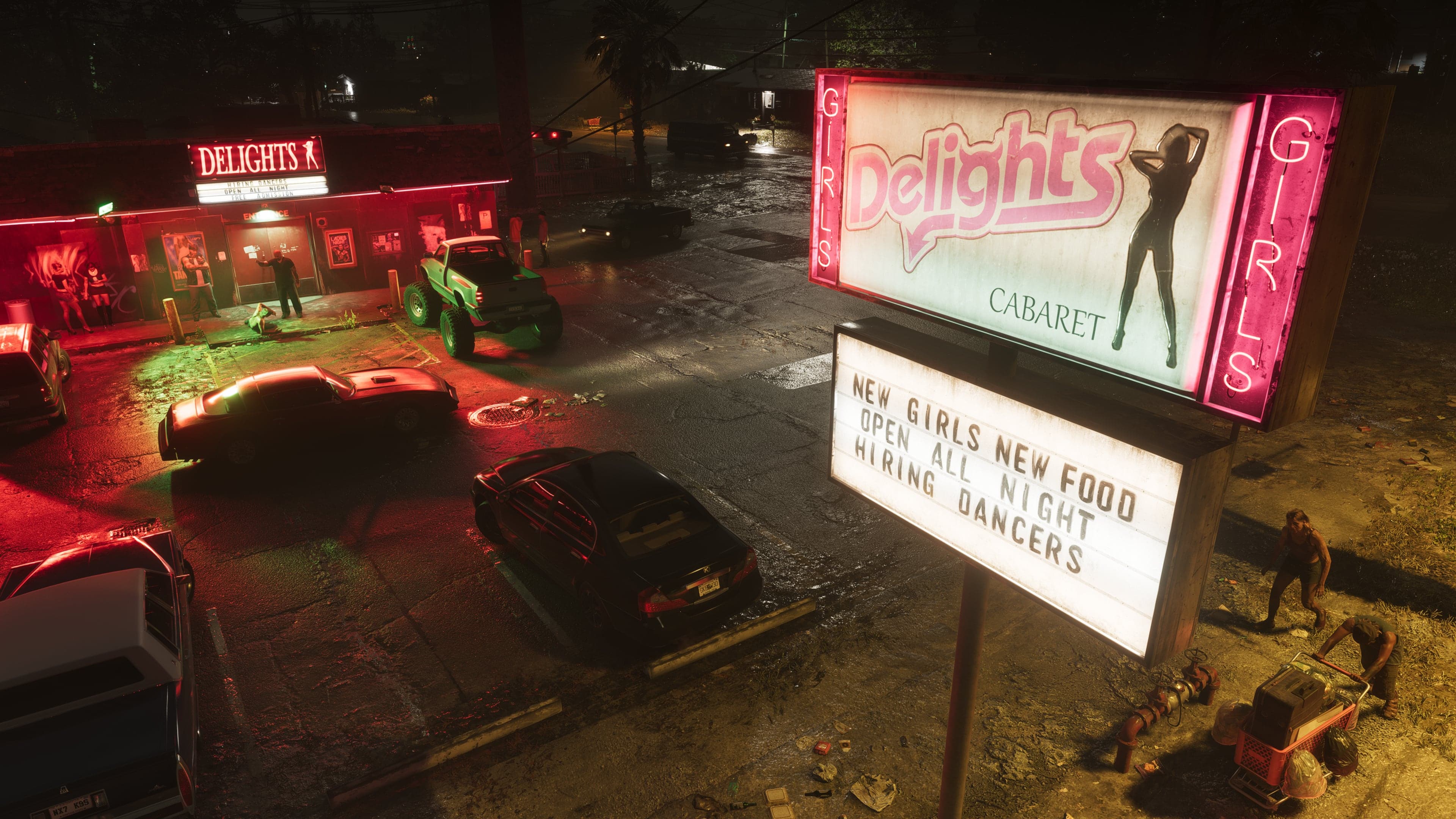 Parking d'un cabaret la nuit, enseignes au néon reflétées sur l'asphalte mouillé